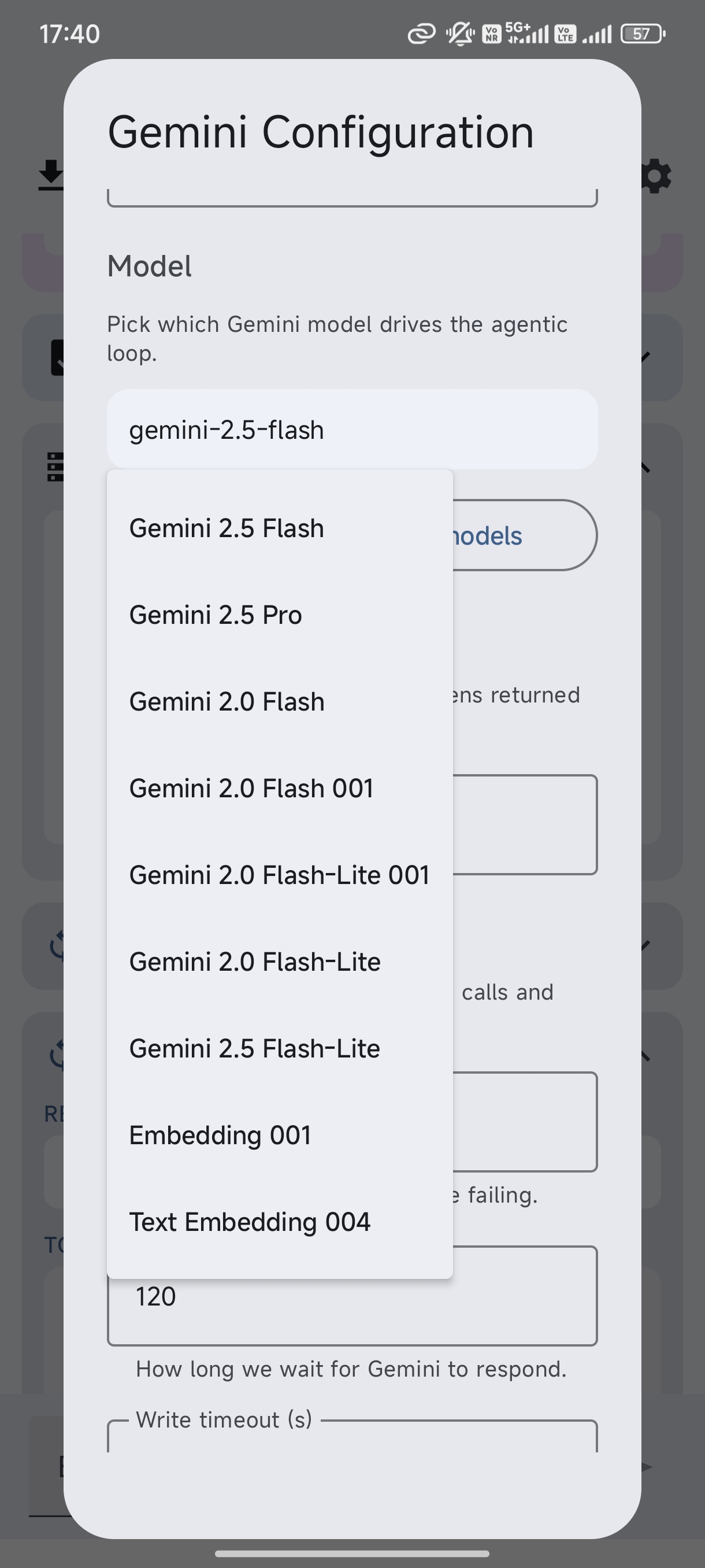 Model selector and settings configuration